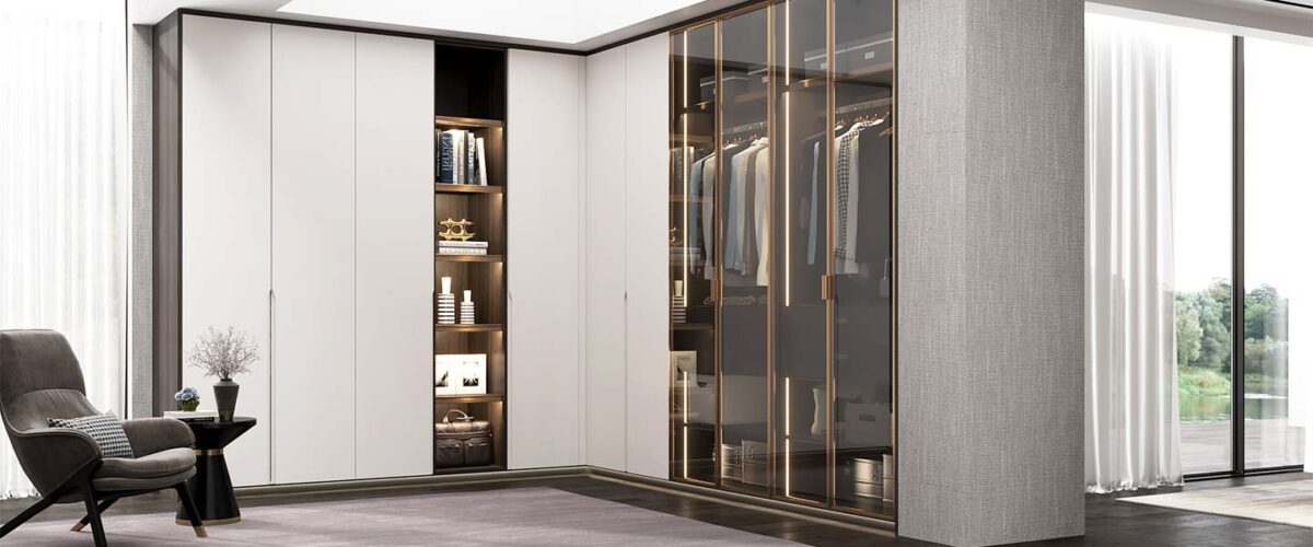 L-shape bedroom wardrobe with glossy transparent glass doors