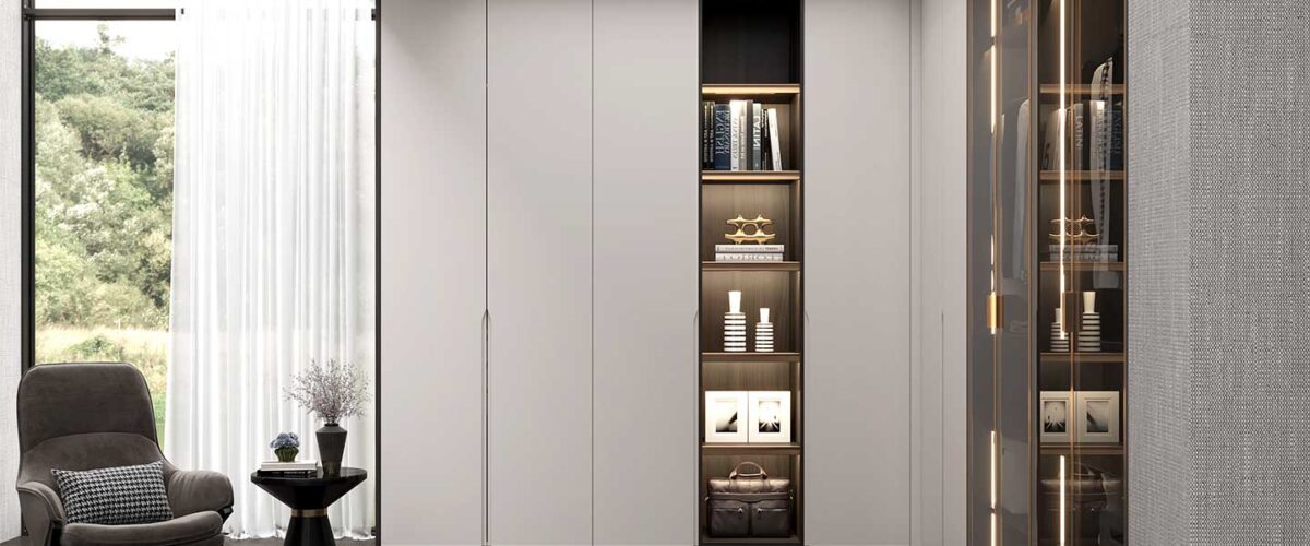 L-shape bedroom wardrobe with glossy transparent glass doors