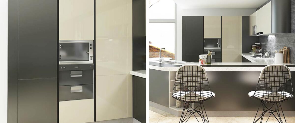 light colored upper with darker colored lower high gloss kitchen cabinets