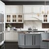 white and gray-blue lacquered door panels are decorated with dark brown wood grains kitchen