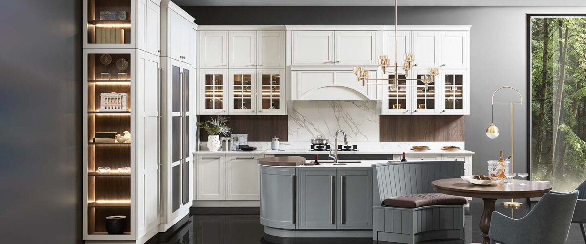 white and gray-blue lacquered door panels are decorated with dark brown wood grains kitchen