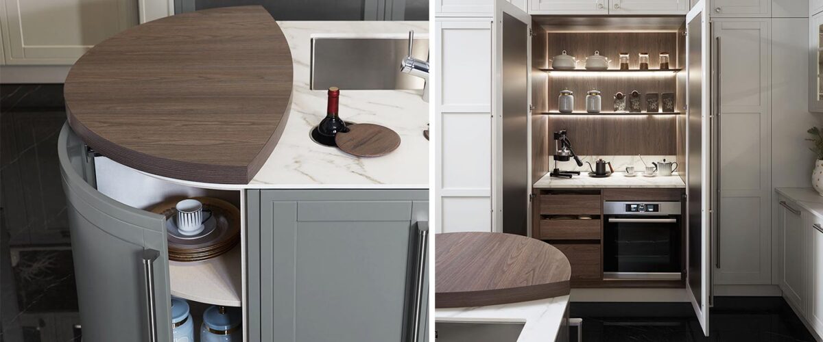 white and gray-blue lacquered door panels are decorated with dark brown wood grains kitchen