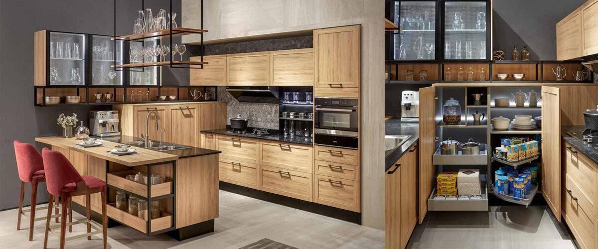 Natural wood kitchen cabinets