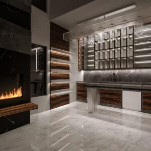Custom Bar with a Custom Stone Fireplace
