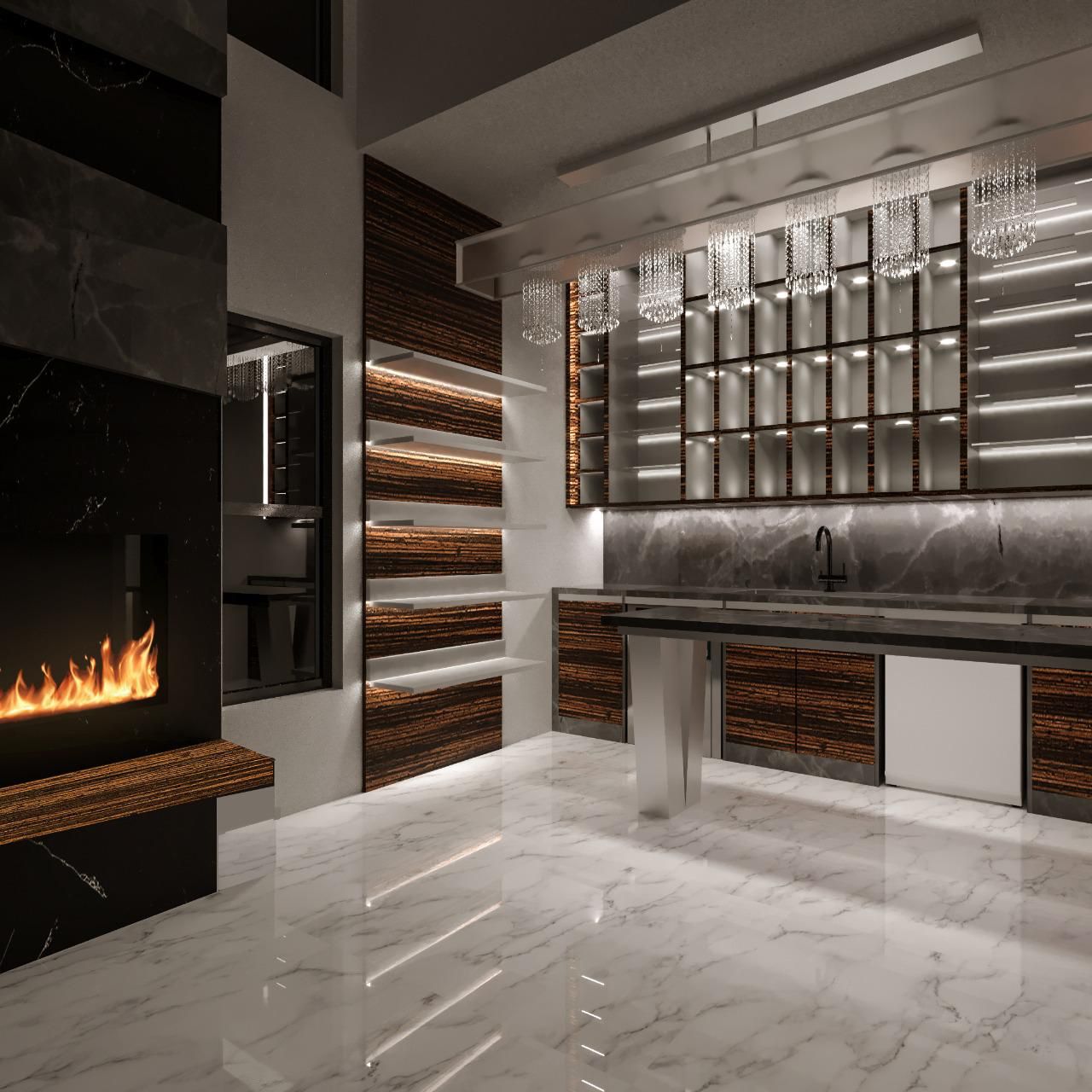 Modern Luxury Custom Bar with a Custom Stone Fireplace Project - Orange ...