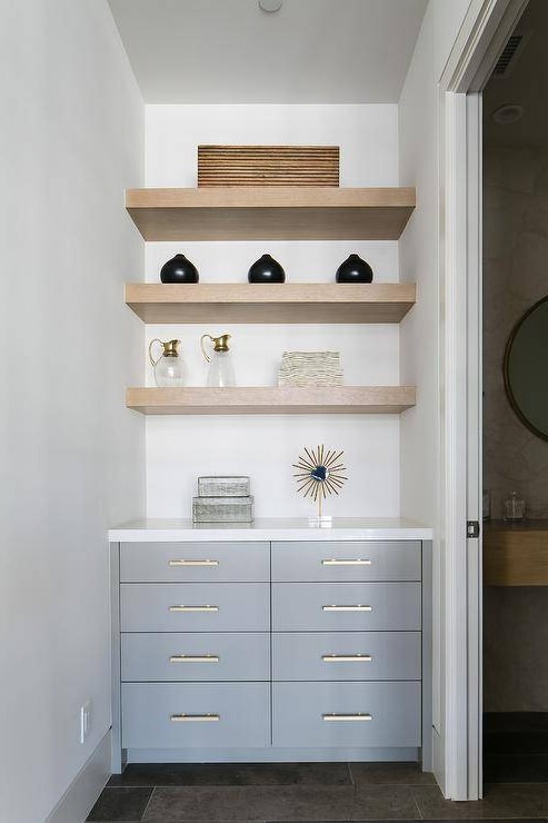 Floating Shelves with Built-In Hallway Cabinet
