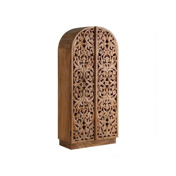 2-Sitra Arched Natural Floral Hand Carved Wood Storage Cabinet